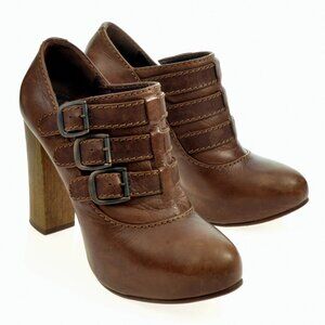 Chloe Brown Leather Buckled Concealed Platform Ancle Booties Size 36.5